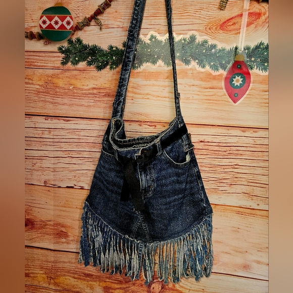 One Kind Denim co. Handbags - 🎇NEW DESIGN! "ONE KIND DENIM Co." UPCYCLED DENIM JEANS FRINGED SHOULDER BAG $48